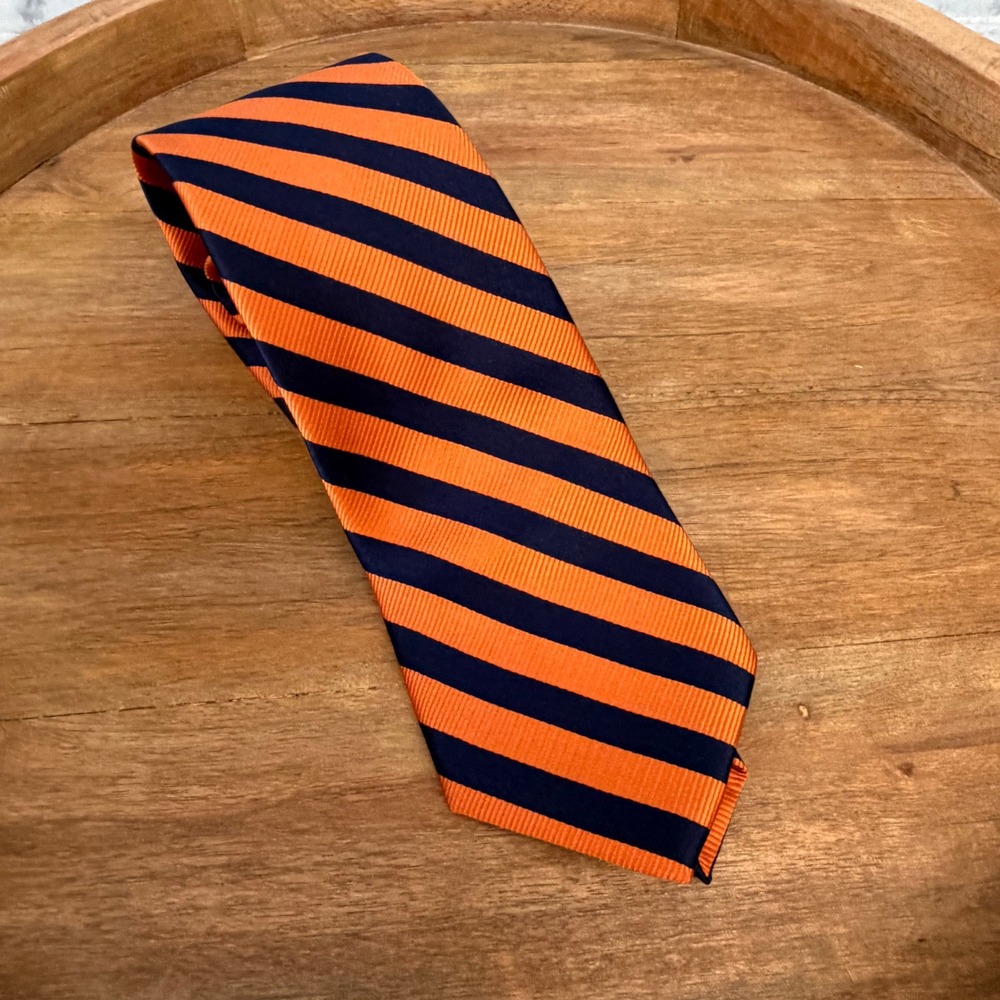 Izod Silk Necktie OS Orange Navy Blue Striped Classic Ribbed Business Formal Tie